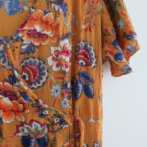 PATRONS OF PEACE Floral Crepe Faux Wrap Maxi Dress in Burnt Orange Boho Size L - Picture 7 of 16